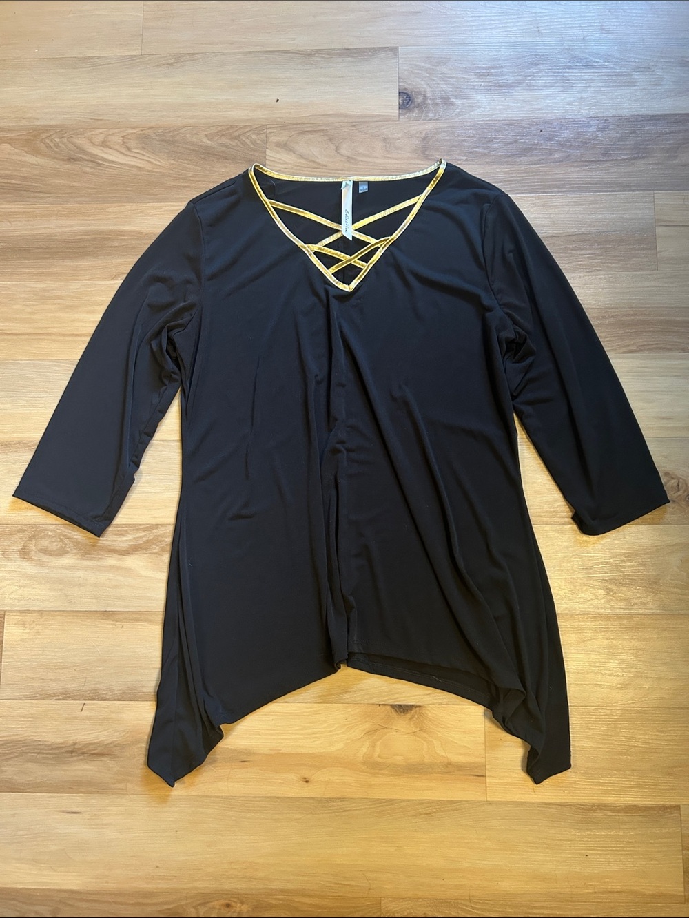 NY Collection Black Tunic with Gold Trimmed Crisscross Neckline